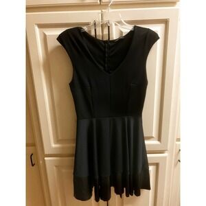 The Vintage Shop Black Dress Sleeveless Vneck Faux Leather Hem Small Medium Knee